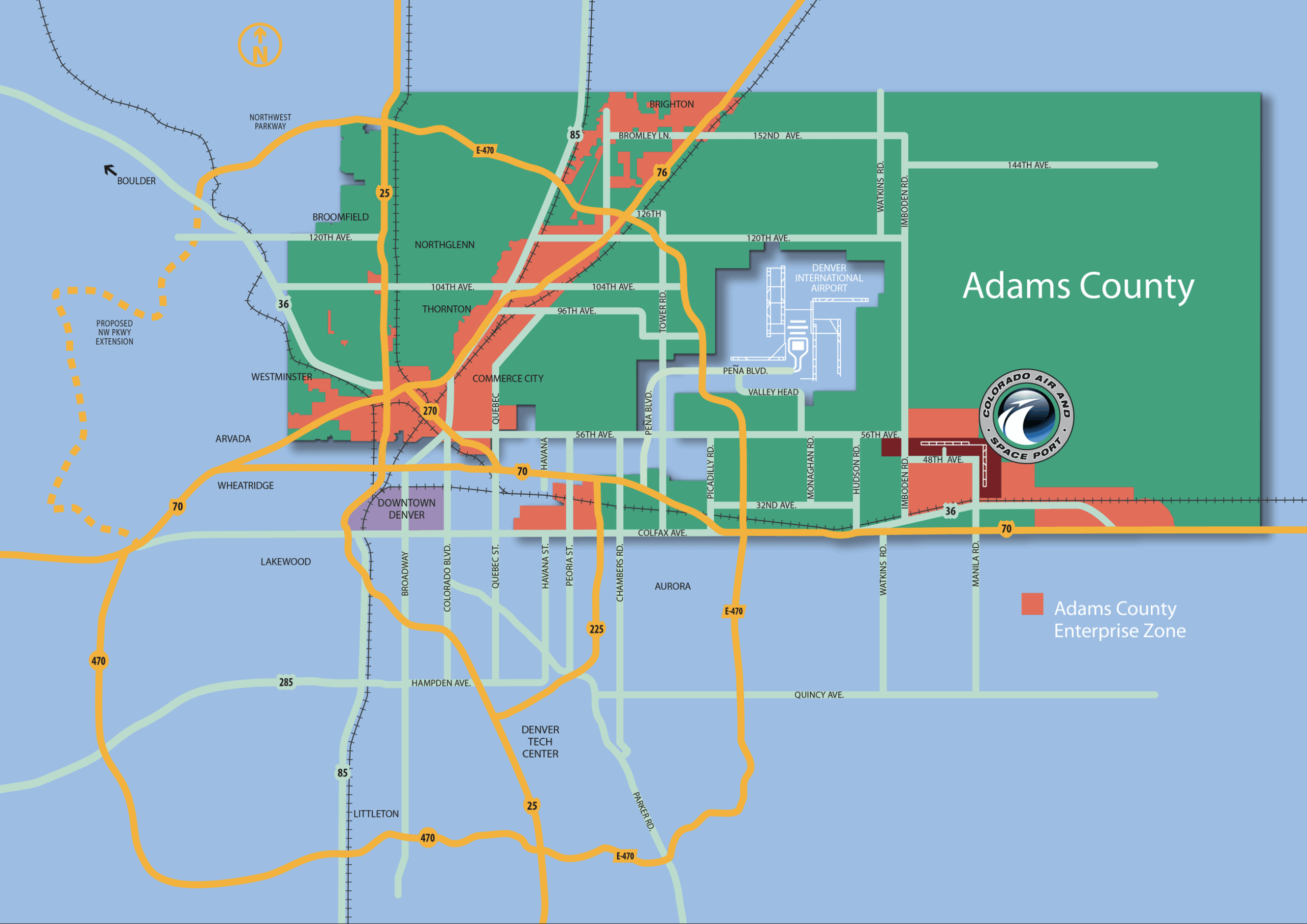 Map highlighting Adams County with major roads, cities, and Denver International Airport; marked Adams County Enterprise Zone in red.